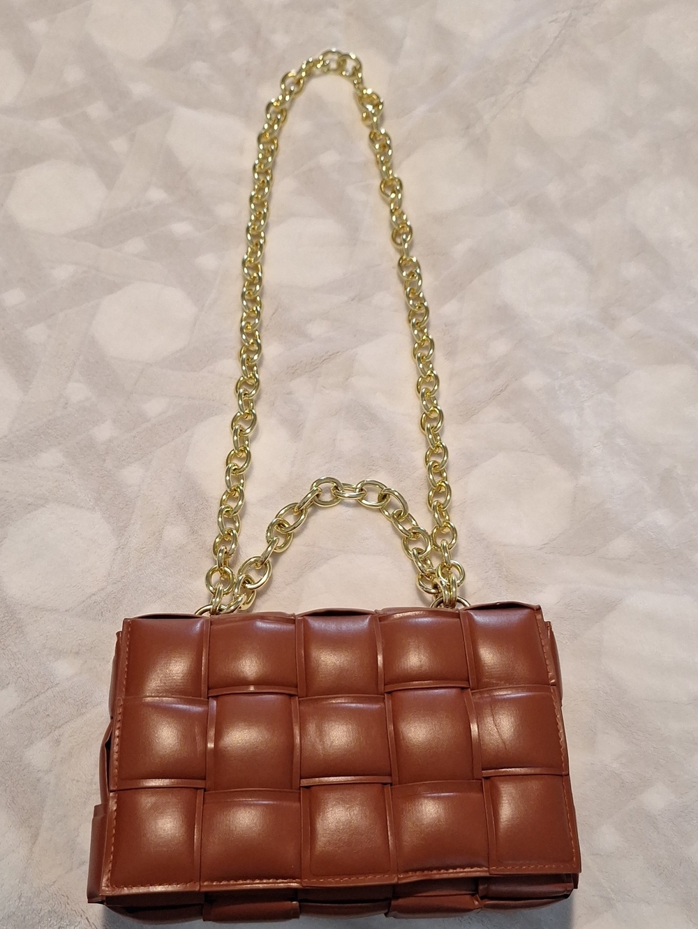 Woven Leatherette Shoulder Bag with Gold Chain - Brown